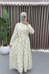 Floral Patterned Tied Linen Dress Green