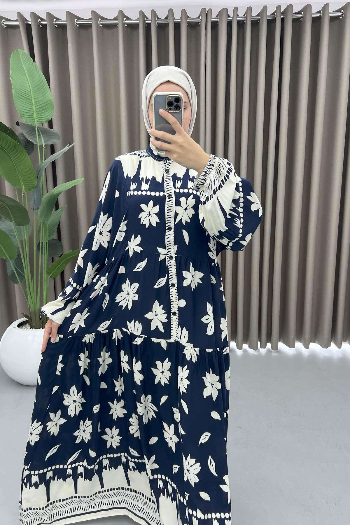 Floral Patterned Buttoned Viscose Dress Navy Blue