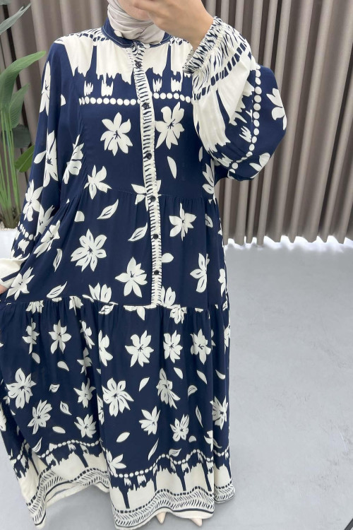 Floral Patterned Buttoned Viscose Dress Navy Blue