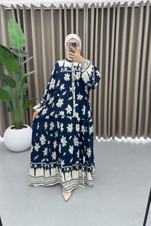 Floral Patterned Buttoned Viscose Dress Navy Blue