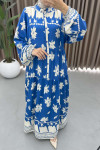 Floral Patterned Buttoned Viscose Dress Blue