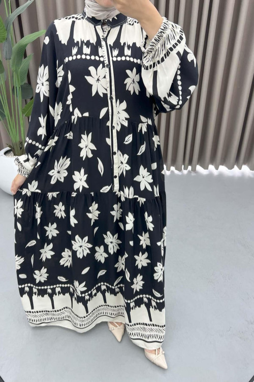 Floral Patterned Buttoned Viscose Dress Black