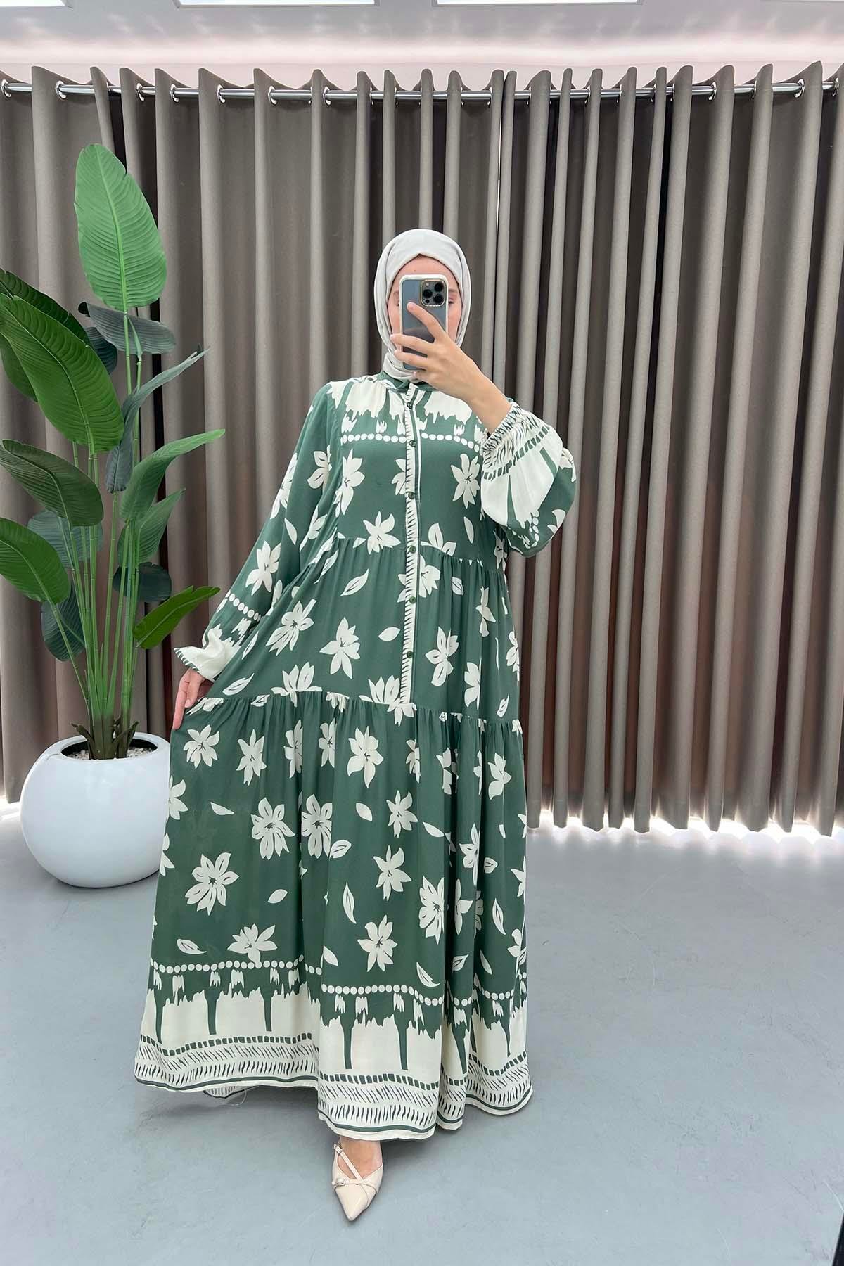 Floral Patterned Buttoned Viscose Dress Green