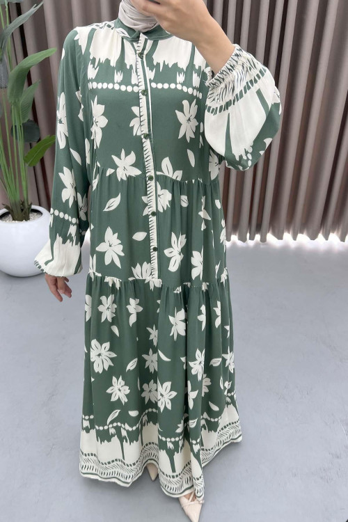 Floral Patterned Buttoned Viscose Dress Green