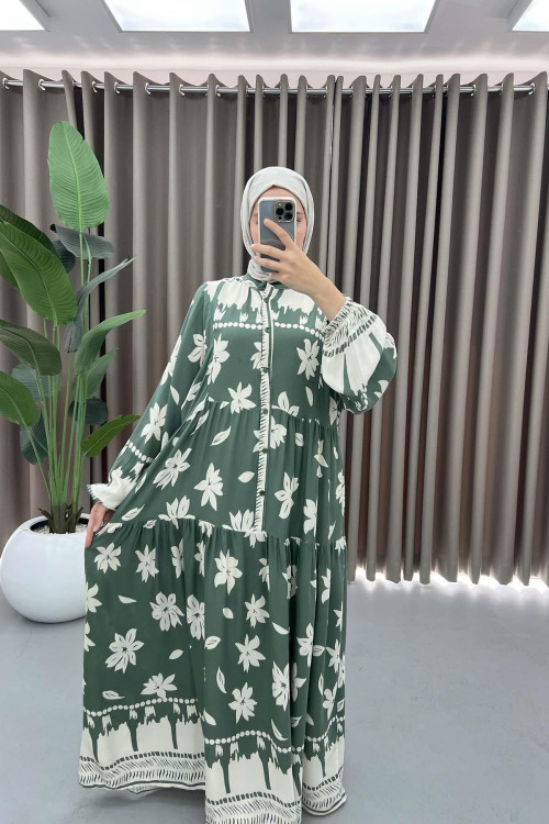 Floral Patterned Buttoned Viscose Dress Green