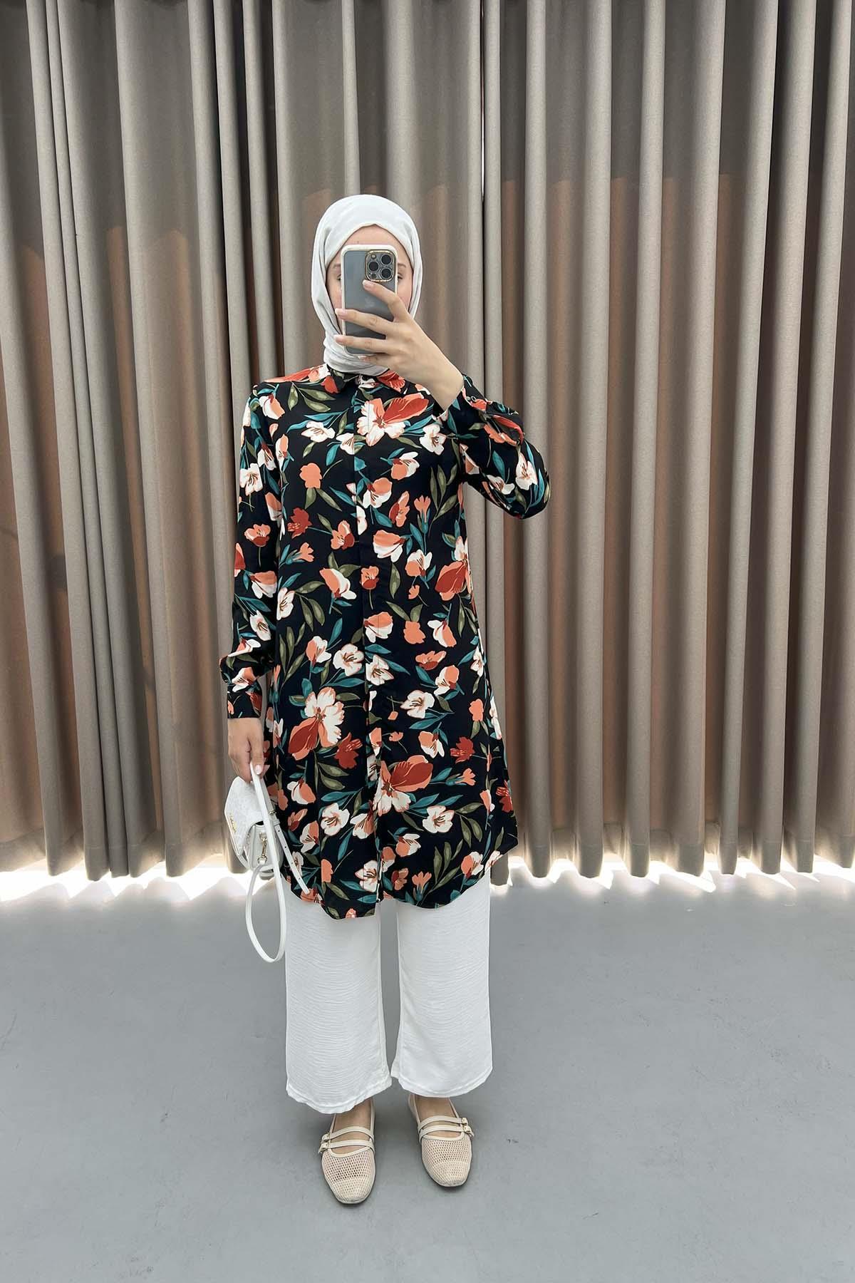 Floral Patterned Tunic Black