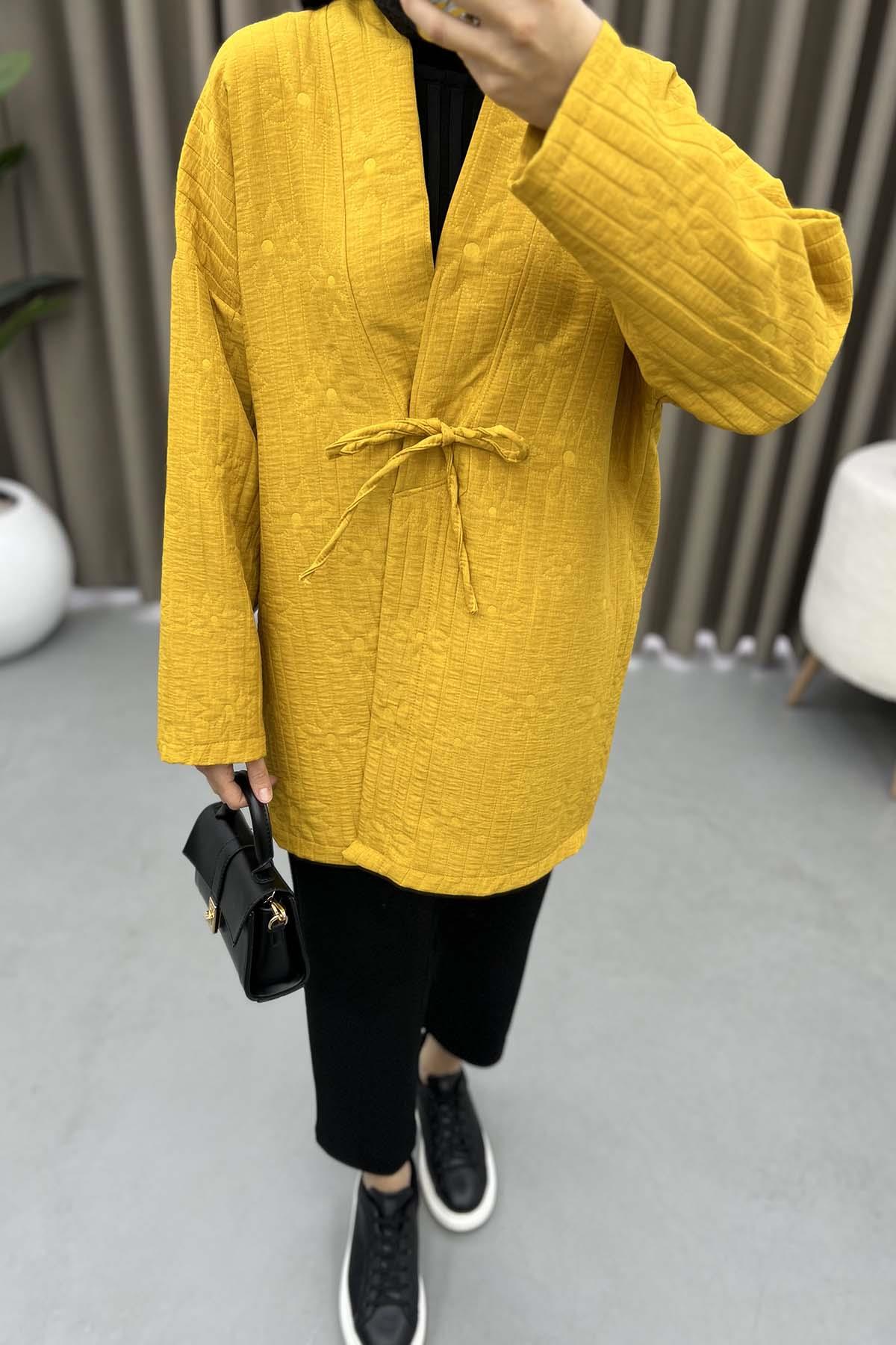 Floral Embroidered Tied Kimono Mustard