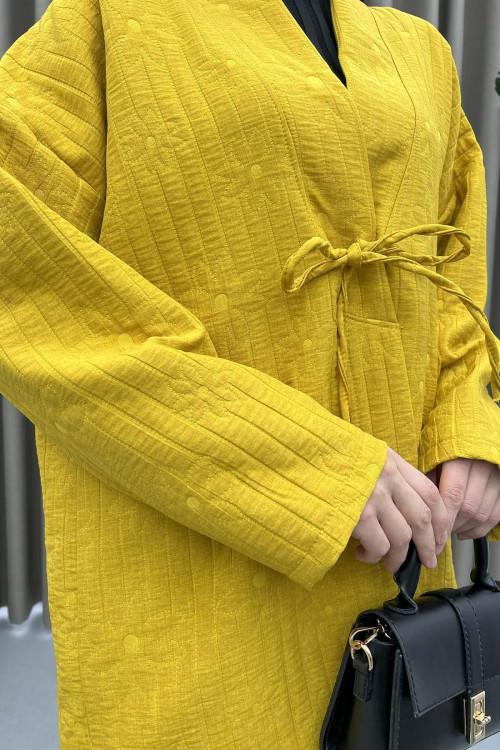 Floral Embroidered Tied Kimono Mustard