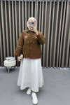 Flower Embroidered Quilted Coat Brown