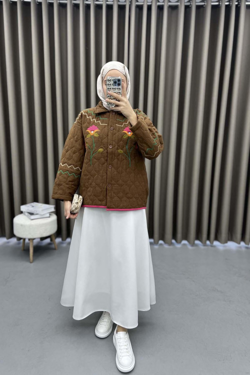 Flower Embroidered Quilted Coat Brown