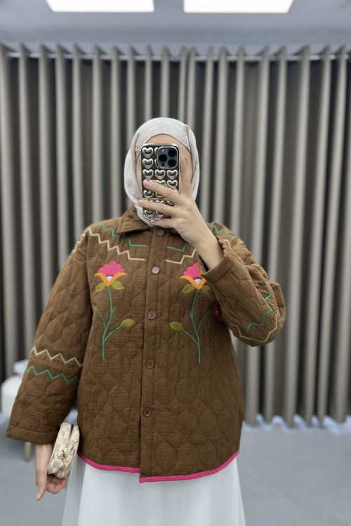 Flower Embroidered Quilted Coat Brown