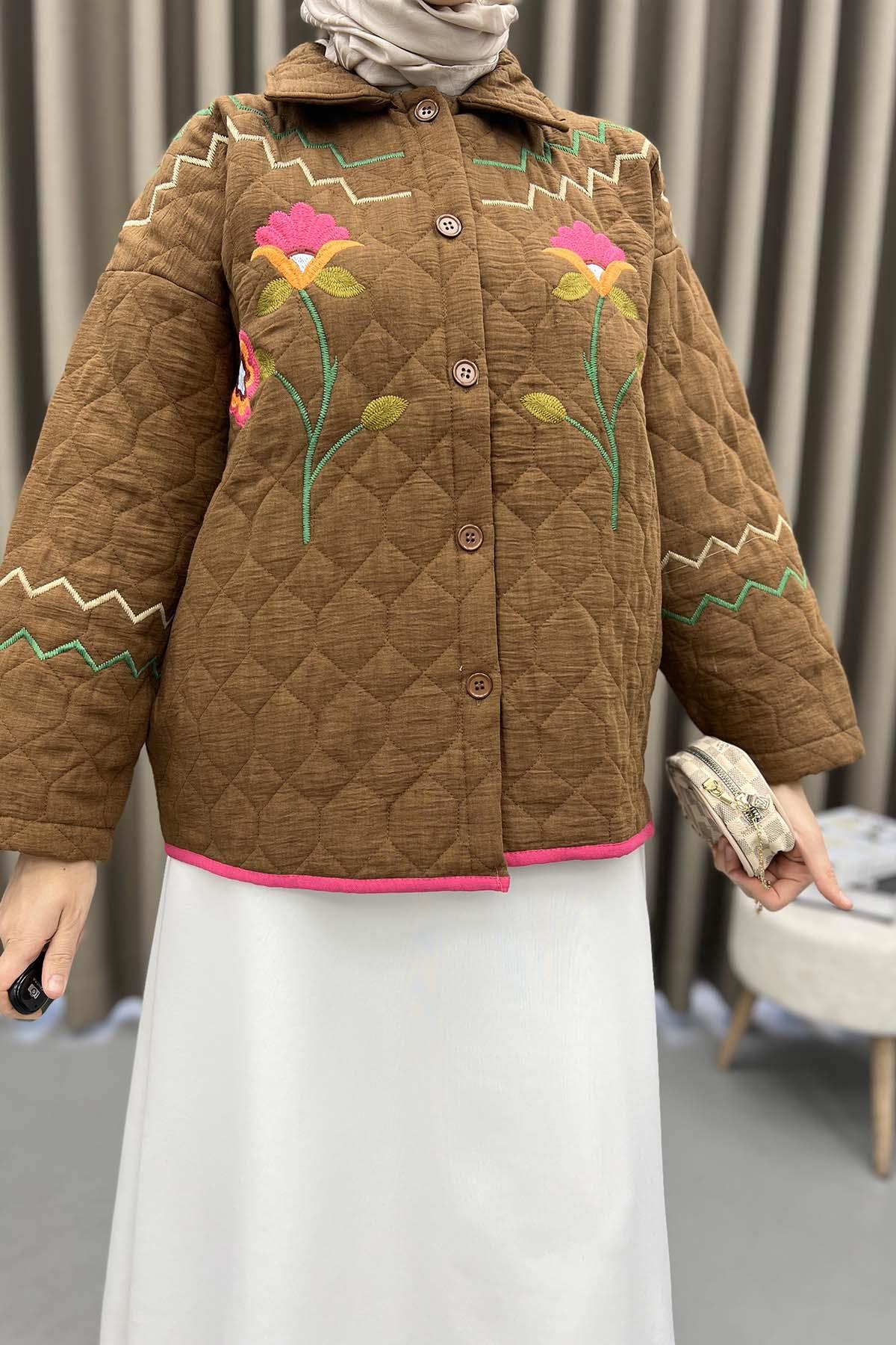 Flower Embroidered Quilted Coat Brown