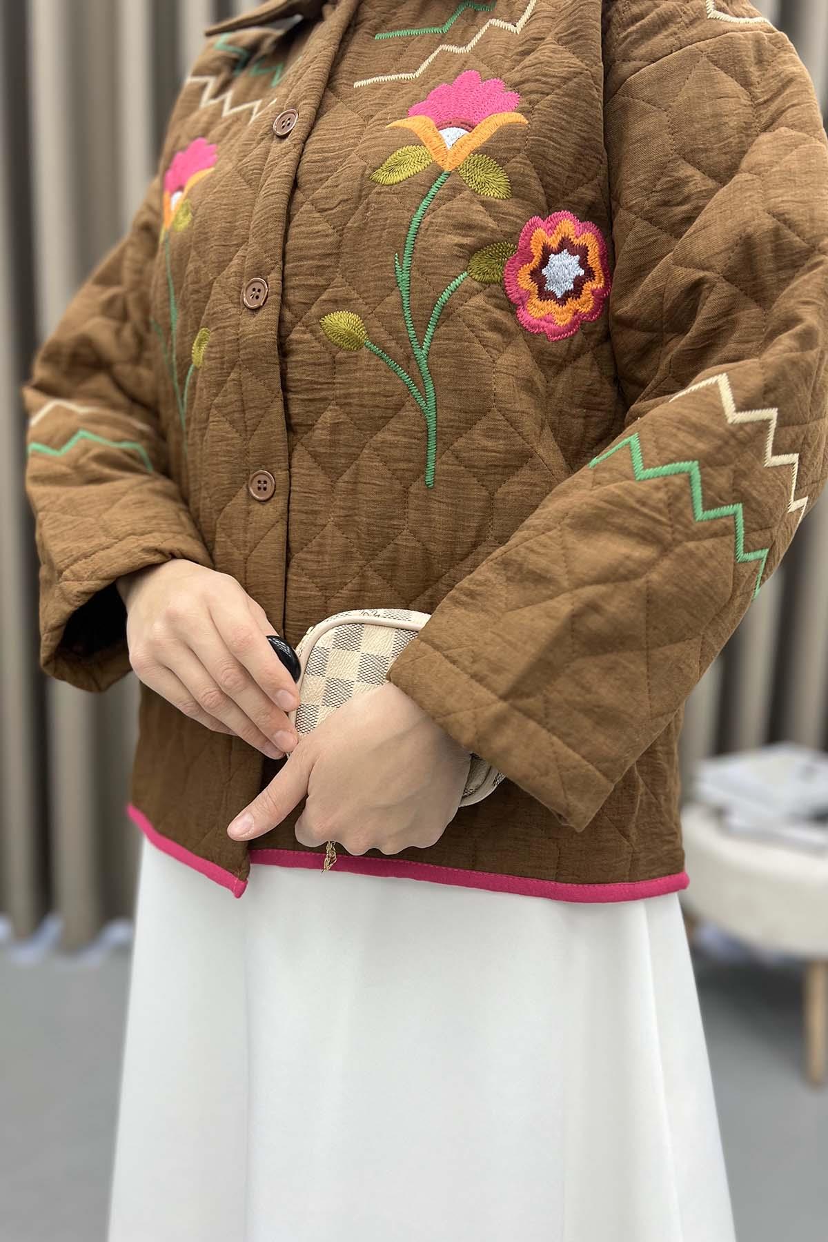 Flower Embroidered Quilted Coat Brown