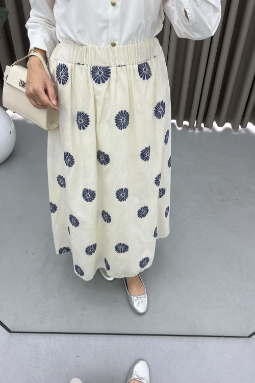 Floral Embroidered Linen Skirt Navy Blue