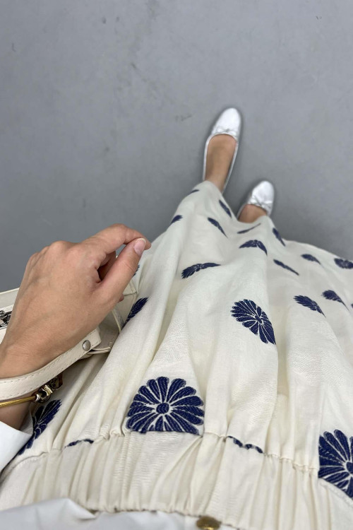 Floral Embroidered Linen Skirt Navy Blue