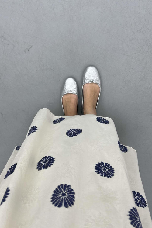 Floral Embroidered Linen Skirt Navy Blue