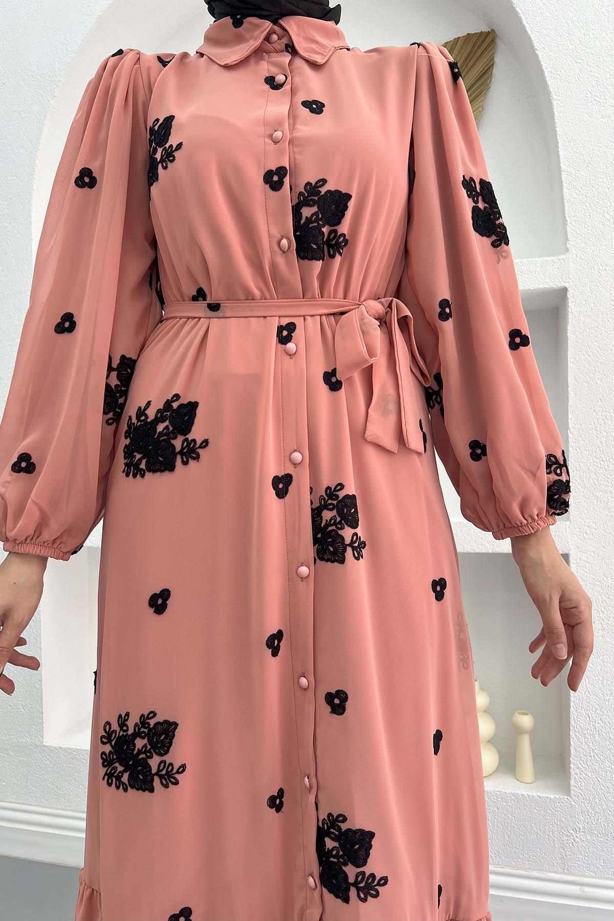 Flower Embroidered Dress Pink