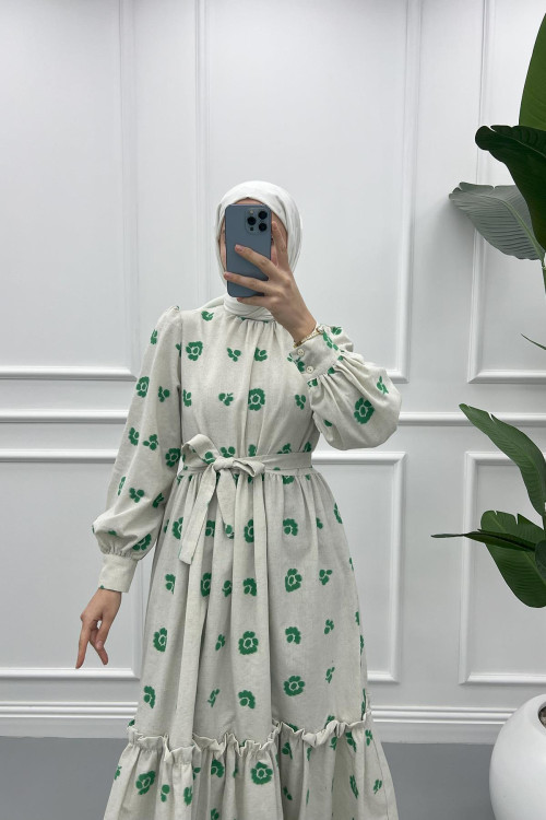 Floral Linen Dress Green