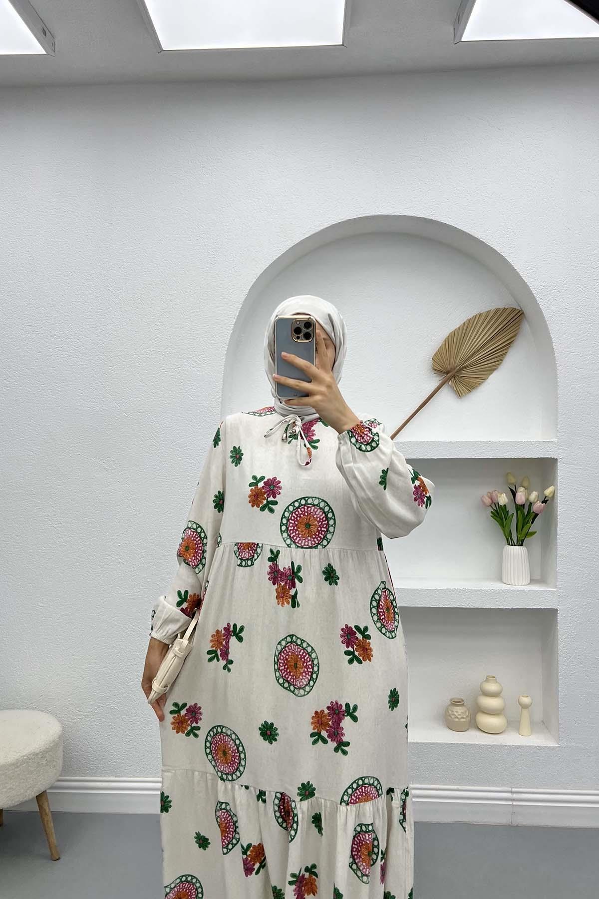 Floral Linen Dress Green