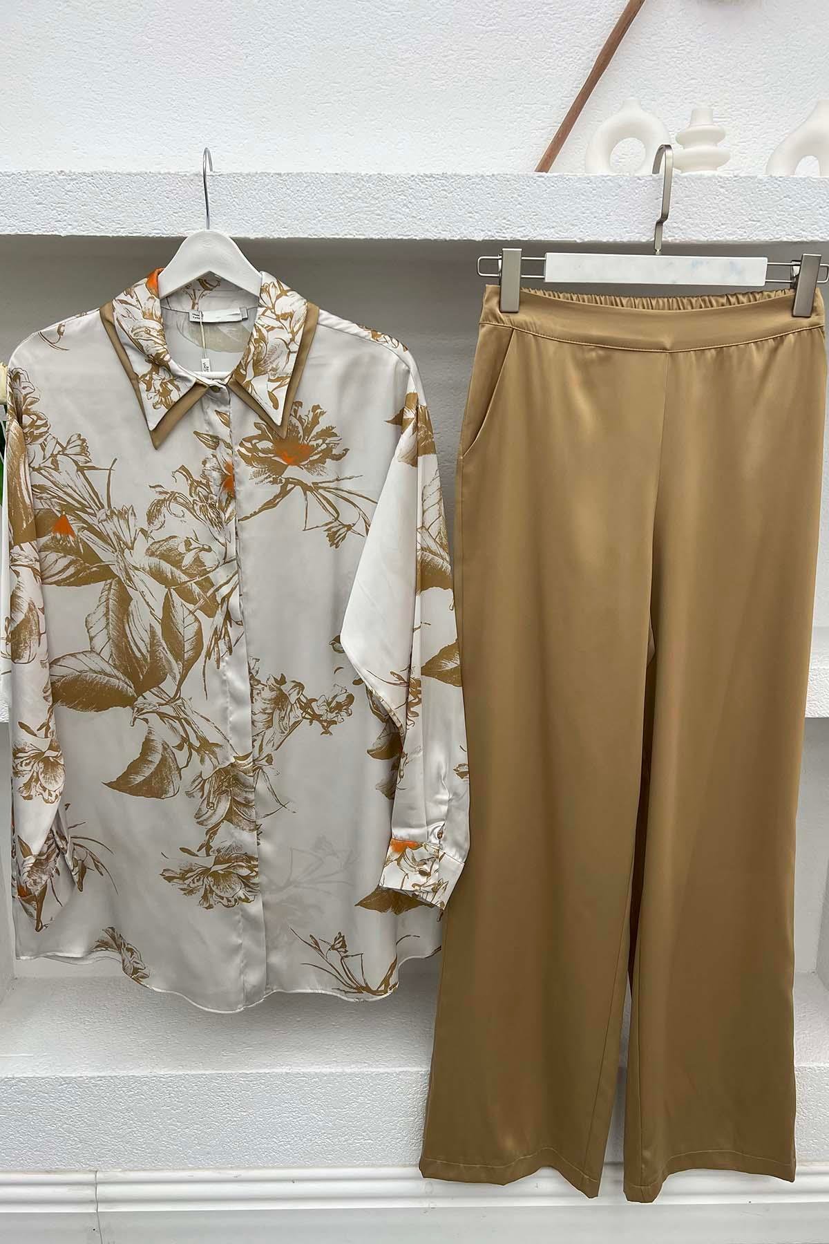 Floral Satin Suit Milk Coffee