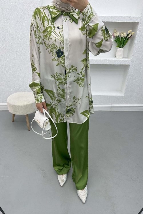 Floral Satin Suit Green