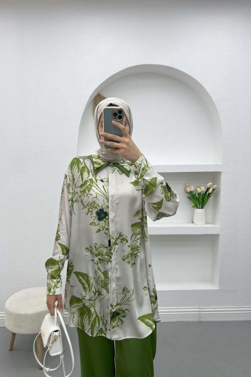 Floral Satin Suit Green