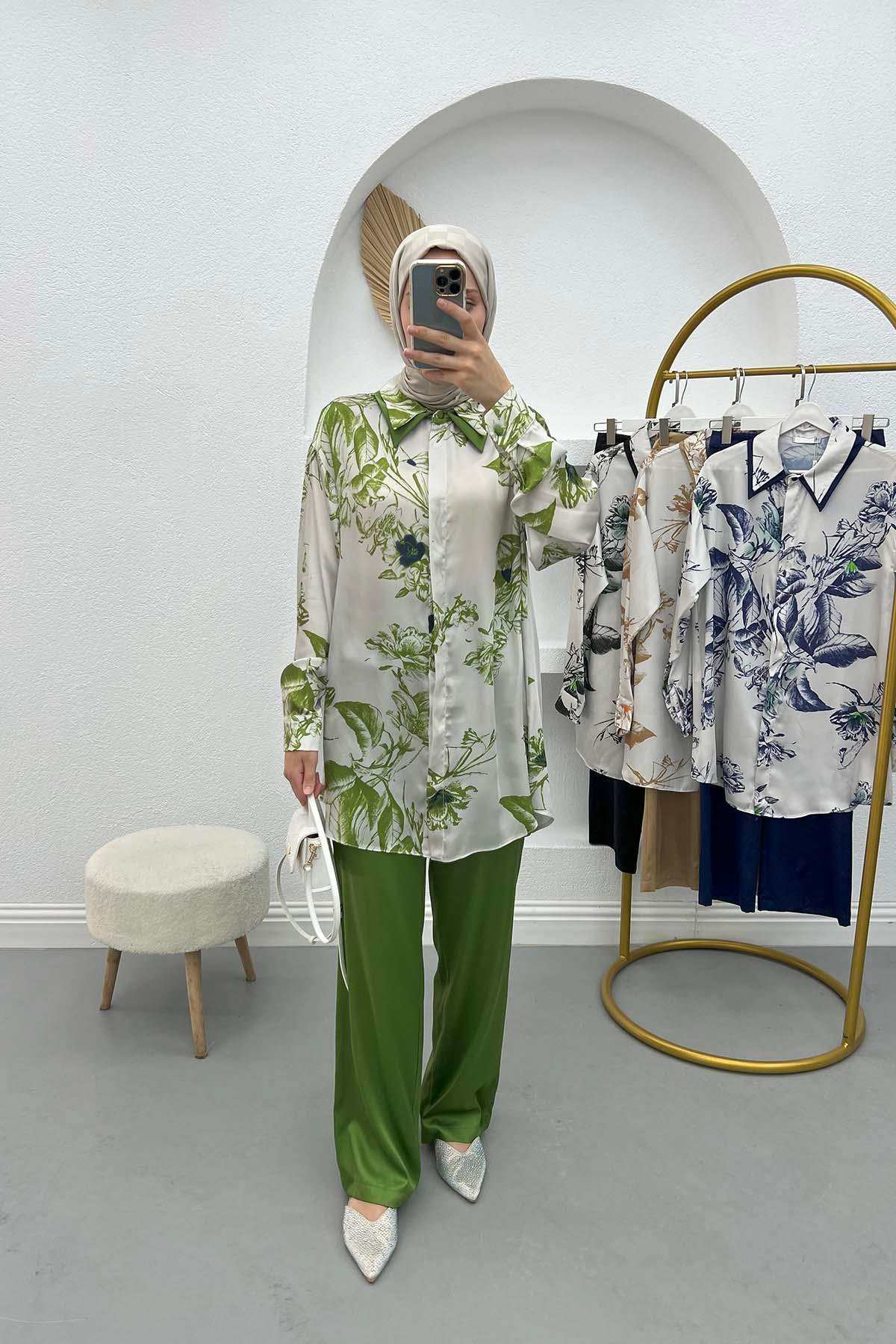 Floral Satin Suit Green