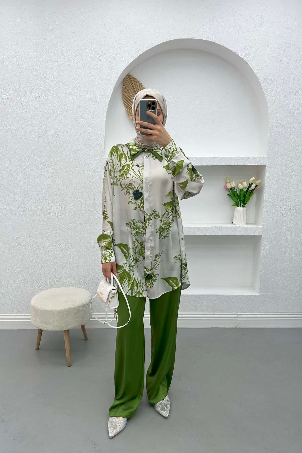 Floral Satin Suit Green