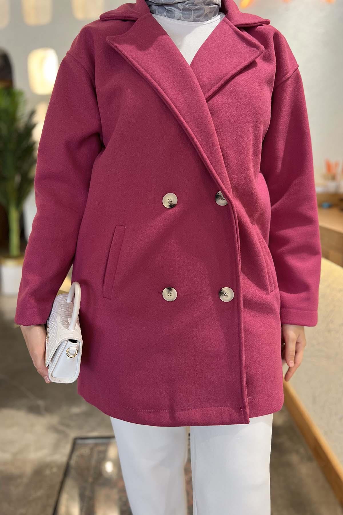 Double Button Short Cashmere Coat Fuchsia