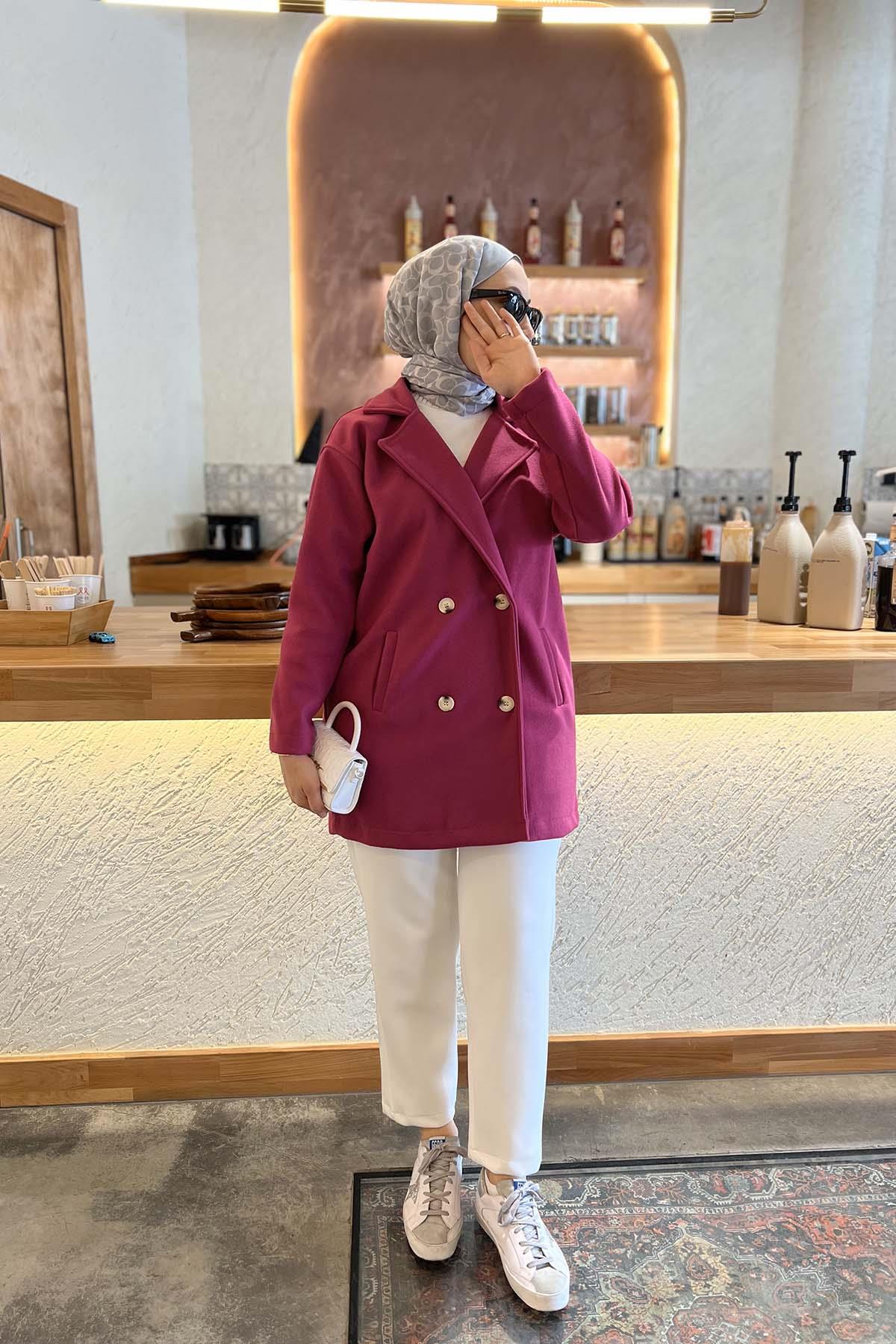 Double Button Short Cashmere Coat Fuchsia