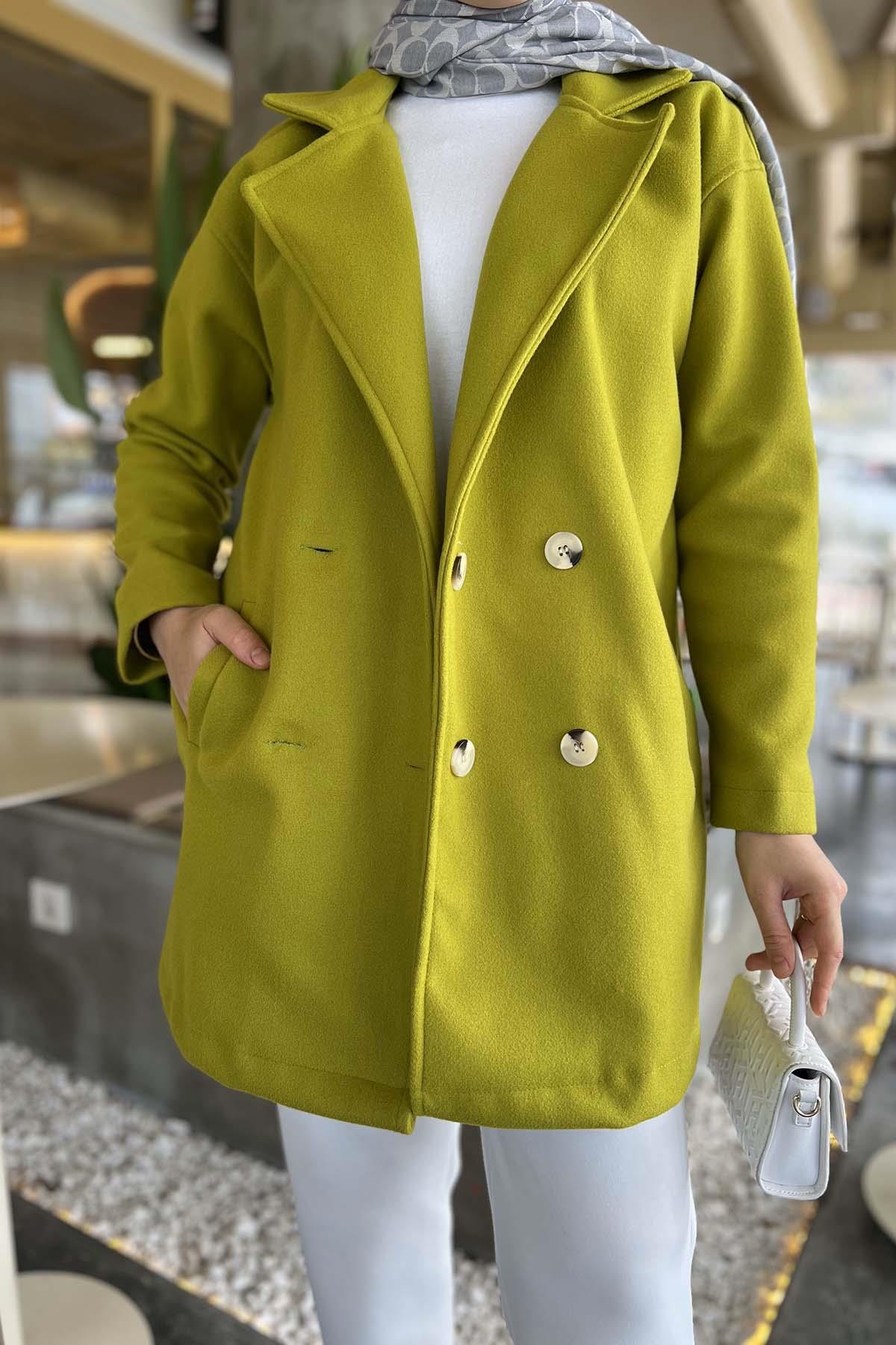 Double Button Short Cashmere Coat Oil Green