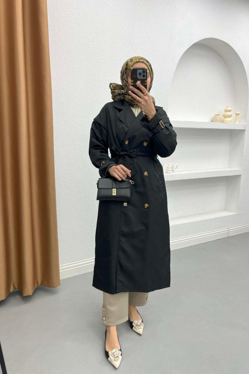 Double Button Sleeve Detail Trench Coat Black