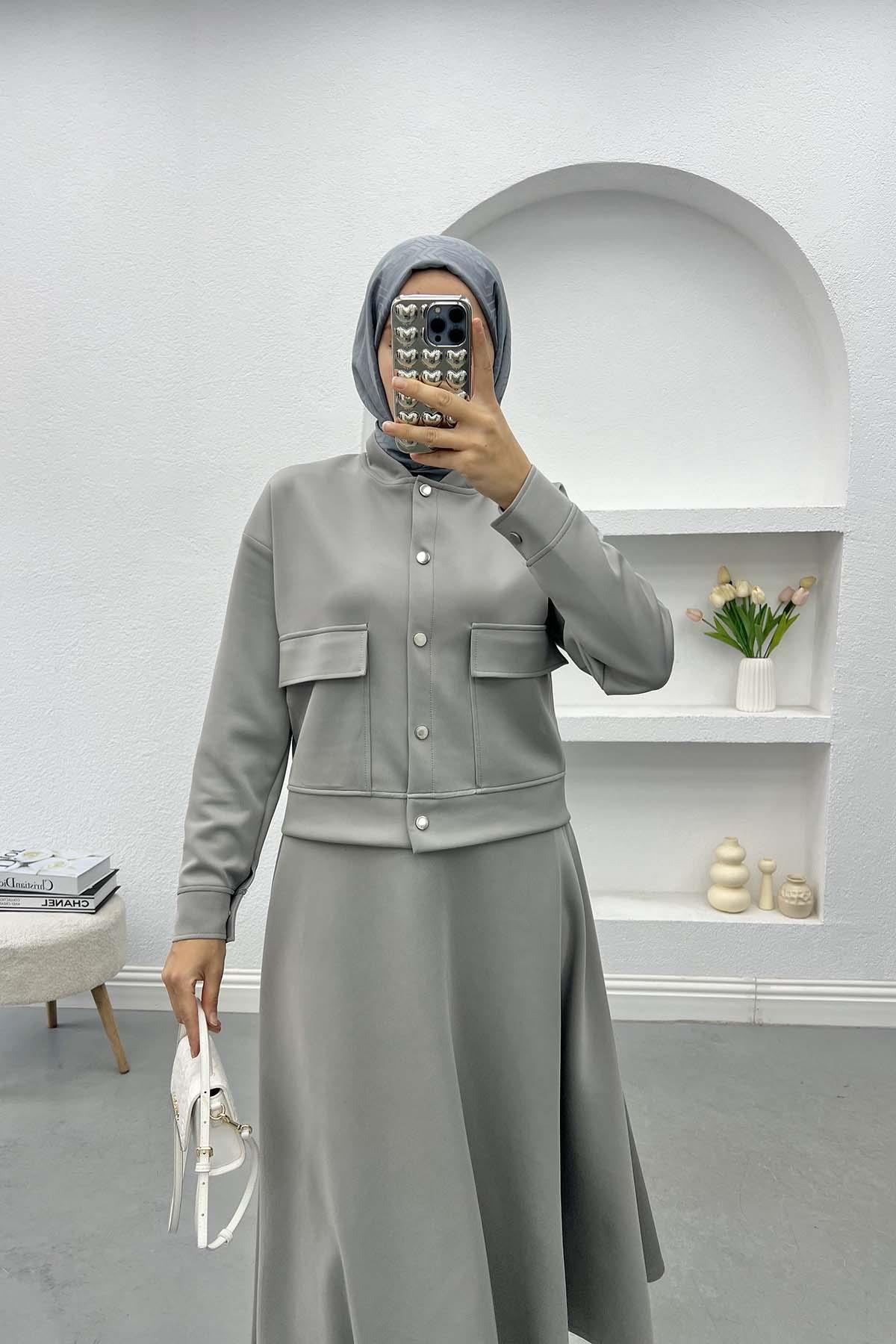 Snap Jacket Skirt Set Gray