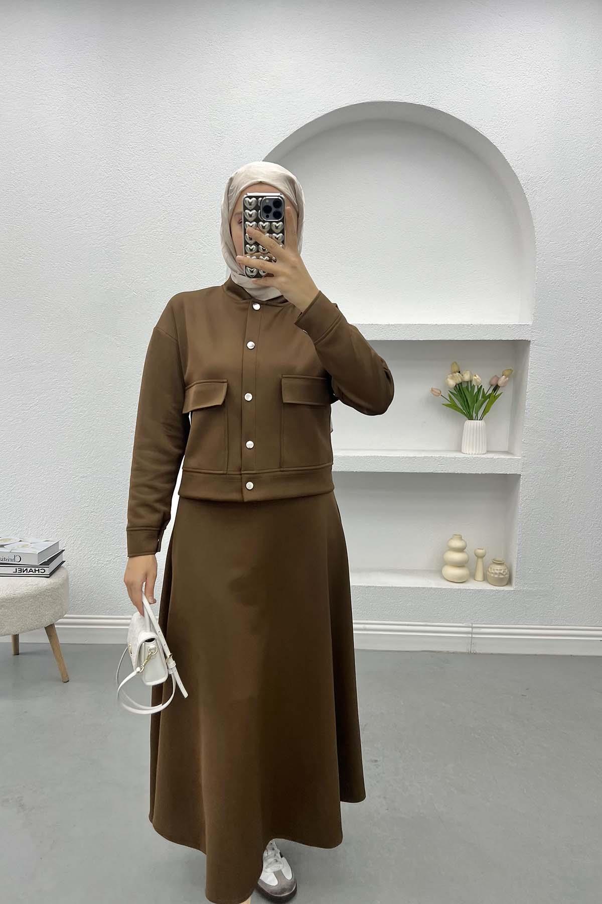 Snap Jacket Skirt Set Brown