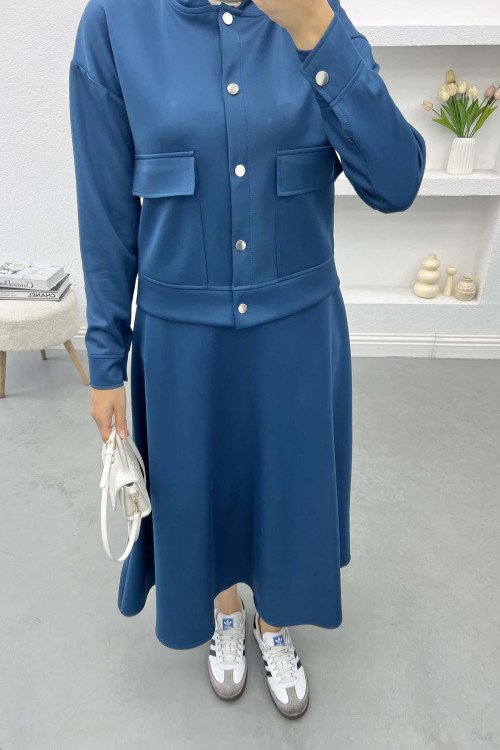 Snap Jacket Skirt Set Petrol Blue