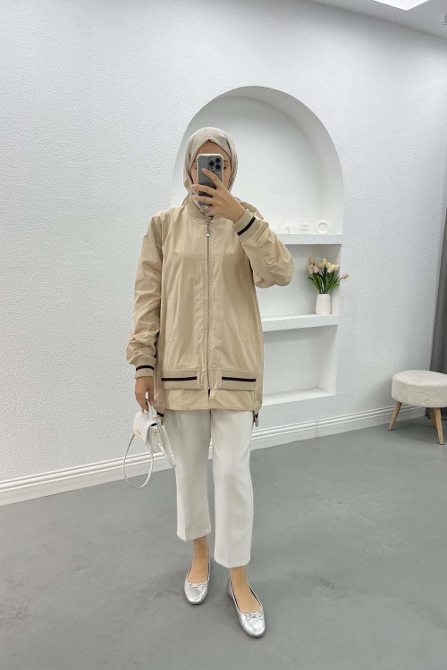 Striped Detailed Jacket Beige