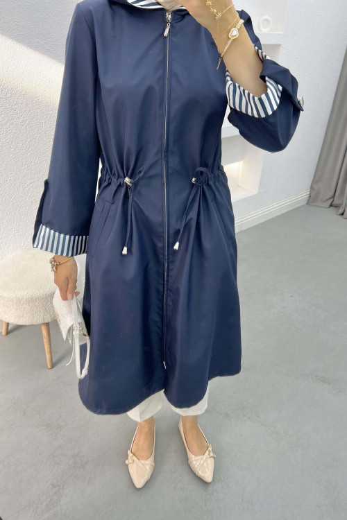 Stripe Detailed Hooded Trench Coat Navy Blue