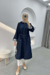 Stripe Detailed Hooded Trench Coat Navy Blue