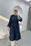 Stripe Detailed Hooded Trench Coat Navy Blue