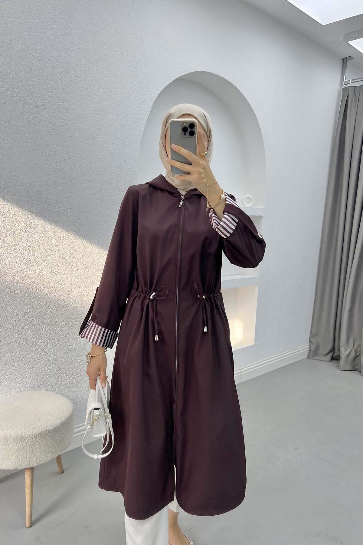 Striped Detailed Hooded Trench Coat Plum