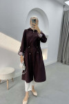 Striped Detailed Hooded Trench Coat Plum