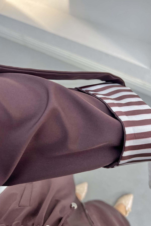 Striped Detailed Hooded Trench Coat Plum