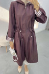 Striped Detailed Hooded Trench Coat Plum