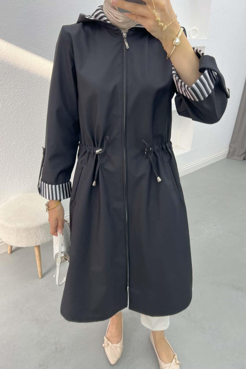 Striped Detailed Hooded Trench Coat Black