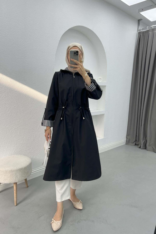 Striped Detailed Hooded Trench Coat Black