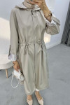 Stripe Detailed Hooded Trench Coat Stone