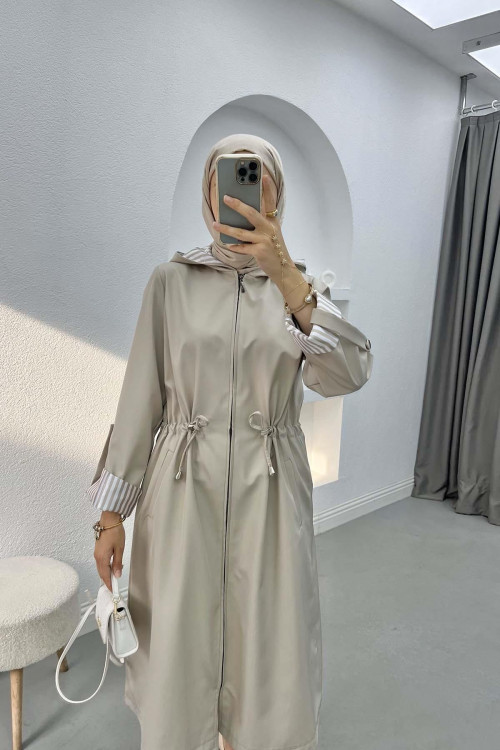 Stripe Detailed Hooded Trench Coat Stone