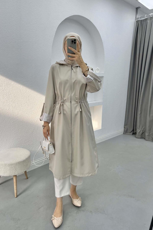 Stripe Detailed Hooded Trench Coat Stone