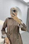 Striped Detailed Hooded Trench Coat Mink