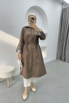 Striped Detailed Hooded Trench Coat Mink